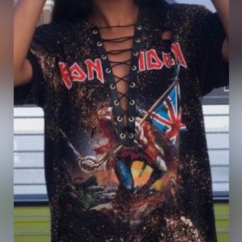 IRON MAIDEN Womens Small T Shirt Distressed Holes The Trooper Tie Dye Metal Rock - Picture 3 of 10